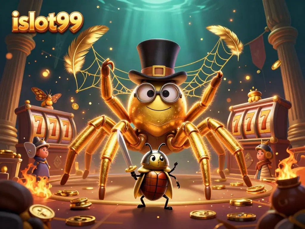Engage in thrilling gameplay at islot99 with a dynamic scene featuring a golden tarantula and beetle knight.
