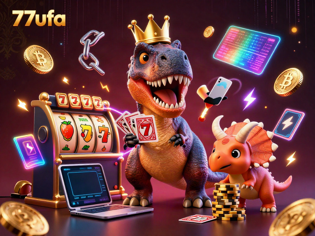 Experience thrilling gaming action with 77ufa featuring a lively T-Rex and fun casino elements.