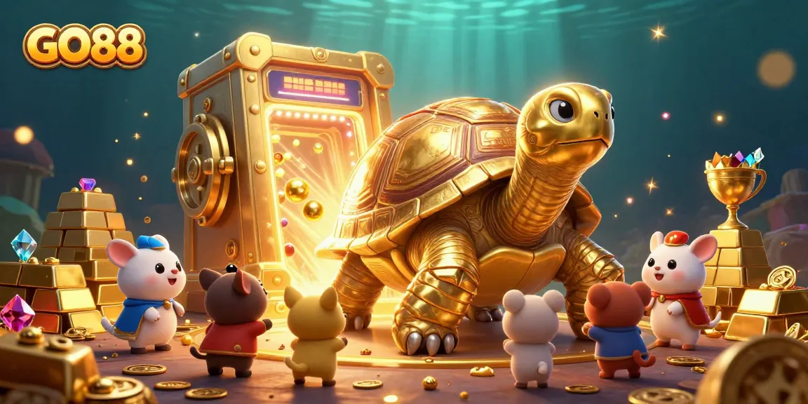 Experience thrilling gaming action with GO88's exciting cartoon-style jackpot setup in a golden treasure vault.