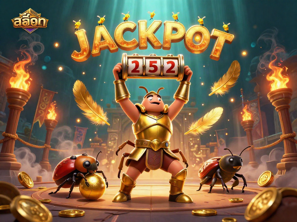 Experience the excitement of สล็อต with a victorious beetle celebrating a jackpot win in this vibrant 3D illustration.