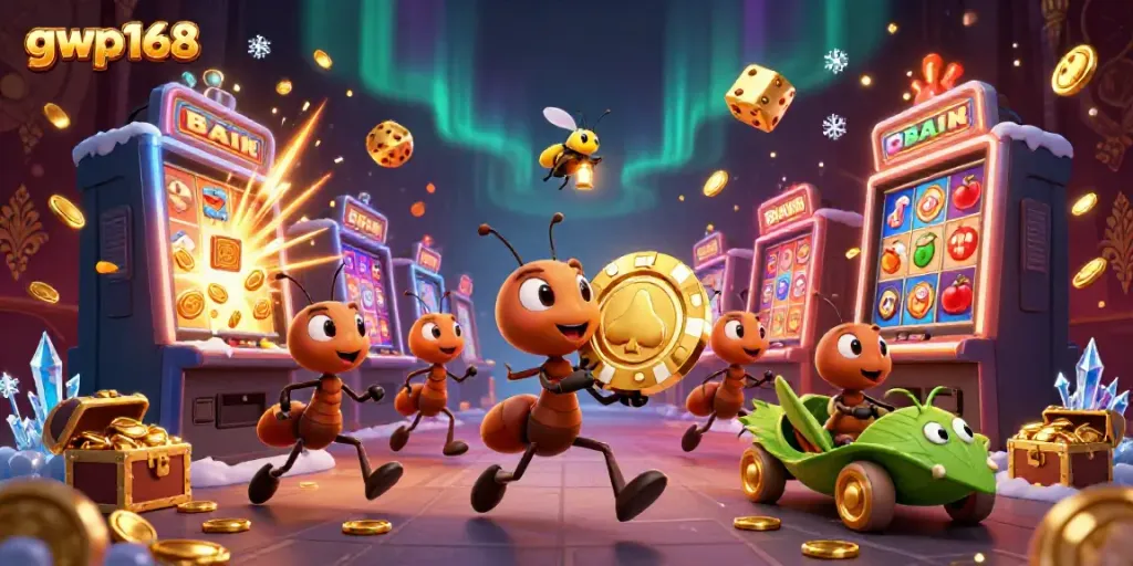 GWP168 menghadirkan tim semut kartun mencuri chip poker emas dengan simbol slot yang berkilauan.