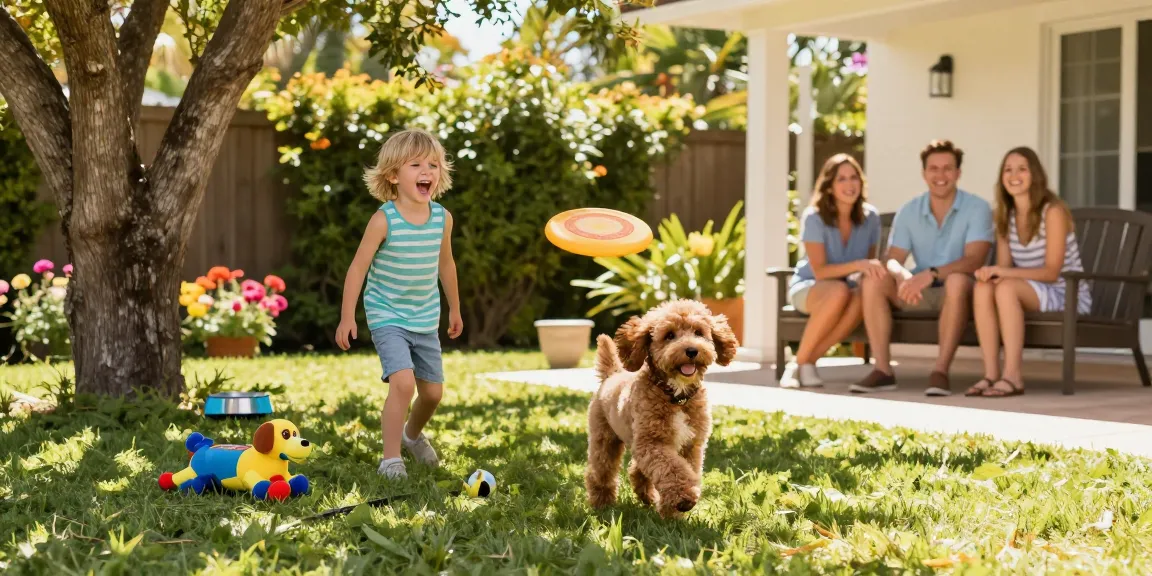 Playful Cavapoo puppies Florida enjoying time with family in a sunny backyard.