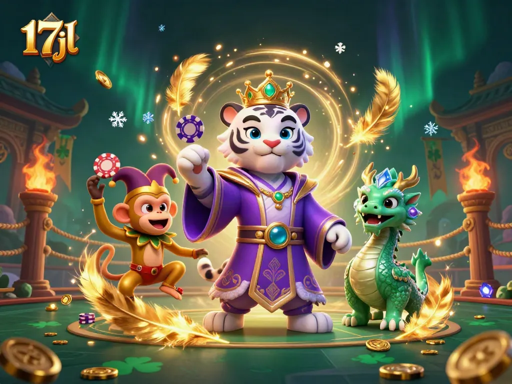 Engage with the vibrant 3D scene of 17jl, featuring an elegant tiger, playful monkey, and jade dragon amidst swirling casino elements.