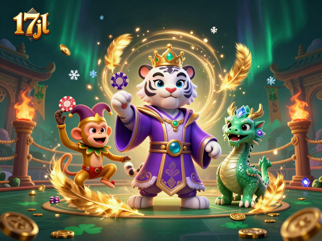 Engage with the vibrant 3D scene of 17jl, featuring an elegant tiger, playful monkey, and jade dragon amidst swirling casino elements.