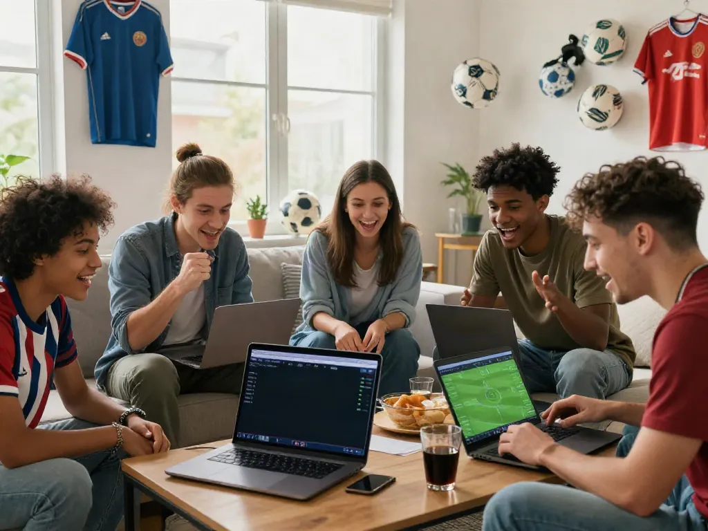 Friends enjoying a casual sports betting session on WWBOLA, analyzing match data together.