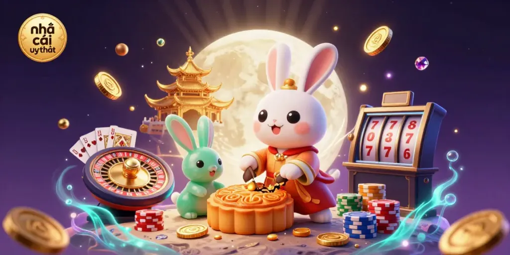 Engage with nhà cái uy tín in a magical scene featuring a moon rabbit and dynamic casino elements.