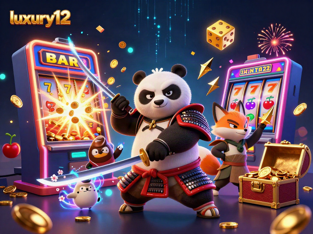 Meraih kemenangan di luxury12 dengan samurai panda dan elemen kasino meriah.