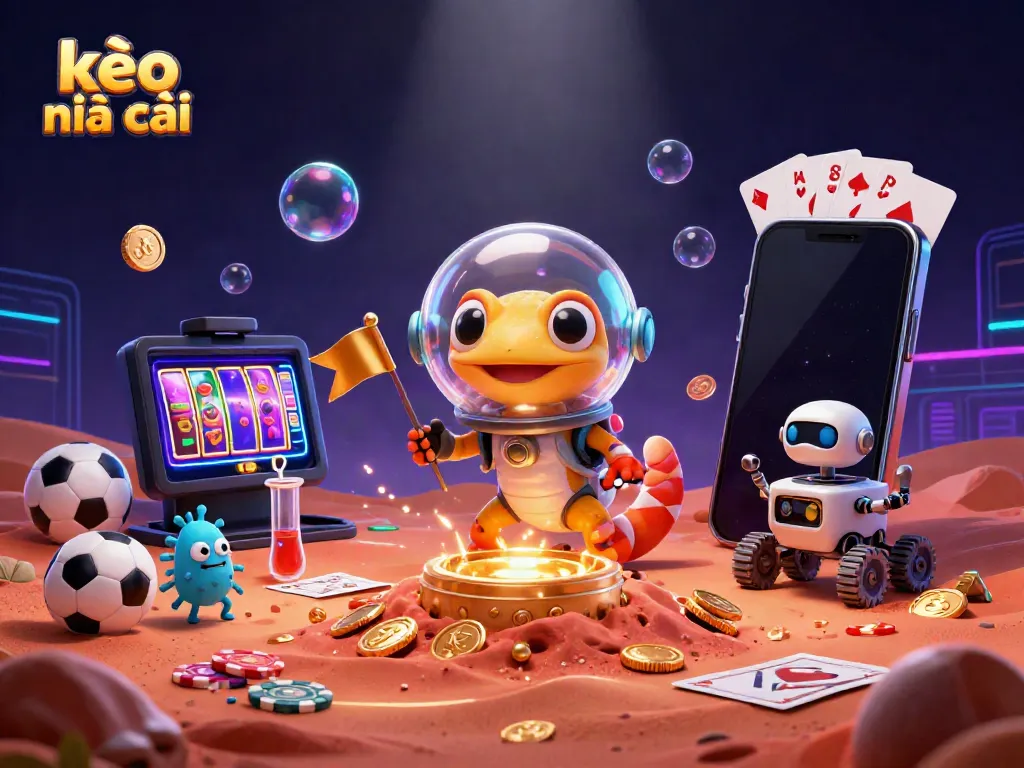 Engaging 3D illustration of kèo nhà cái features Martian gecko discovering a buried casino, surrounded by vibrant betting elements and glowing effects.