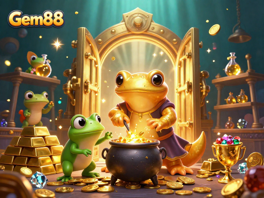 Gem88 players win with a giant golden salamander alchemist transmuting gold in a lively casino scene.