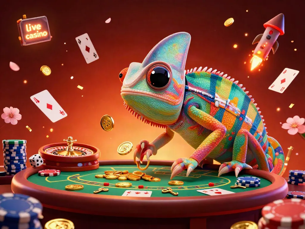 Permainan live casino dengan chameleon kasino besar menangkap koin emas dan meja baccarat mengambang.