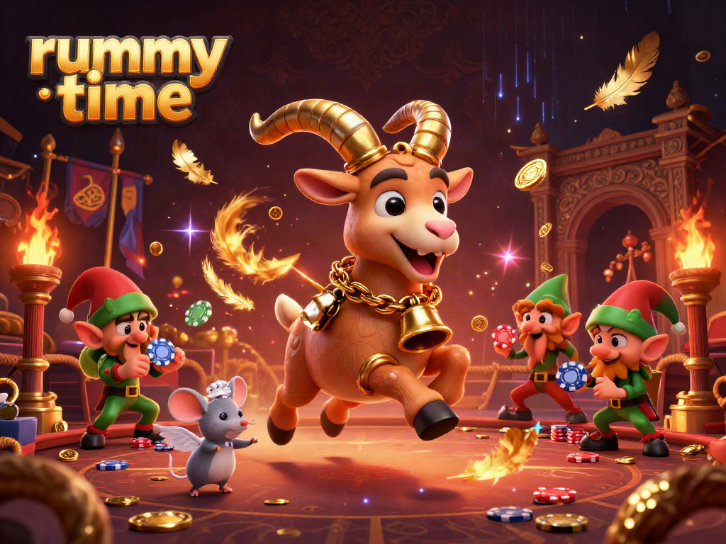Experience the rummy time thrill with dynamic characters in a festive casino scene.