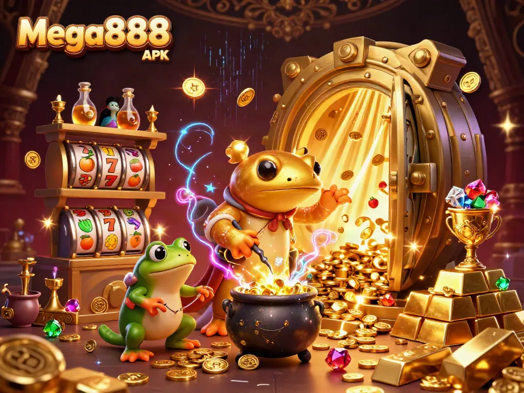 Experience the excitement of Mega888 APK with a dynamic scene depicting an alchemist transforming metals into gold, surrounded by captivating casino elements.