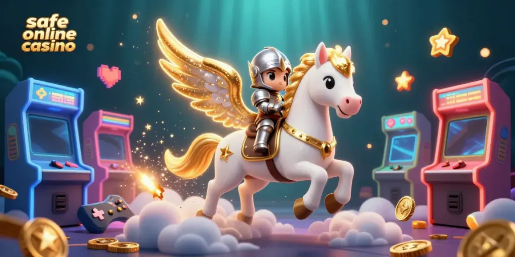 Experience the thrilling world of a safe online casino, featuring a celestial horse and knight amidst vibrant gaming elements.