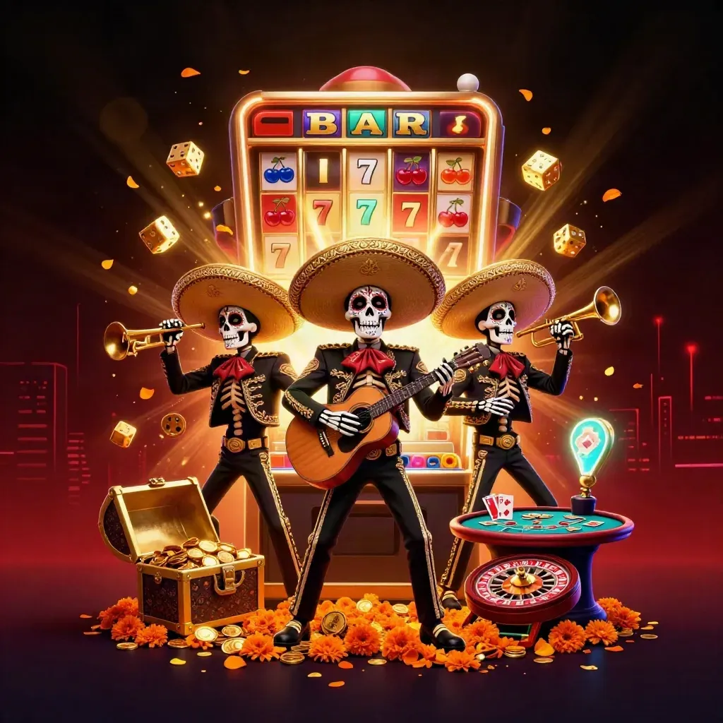 Skeleton mariachi trio amid bursting slot machine, coins, cards, and neon casino glow.