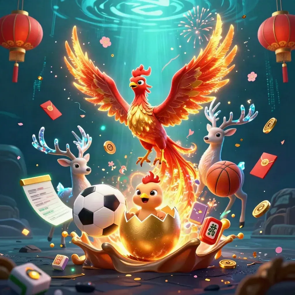 Phoenix, stag, balls, lanterns and gold casino effects in teal-and-gold neon splash