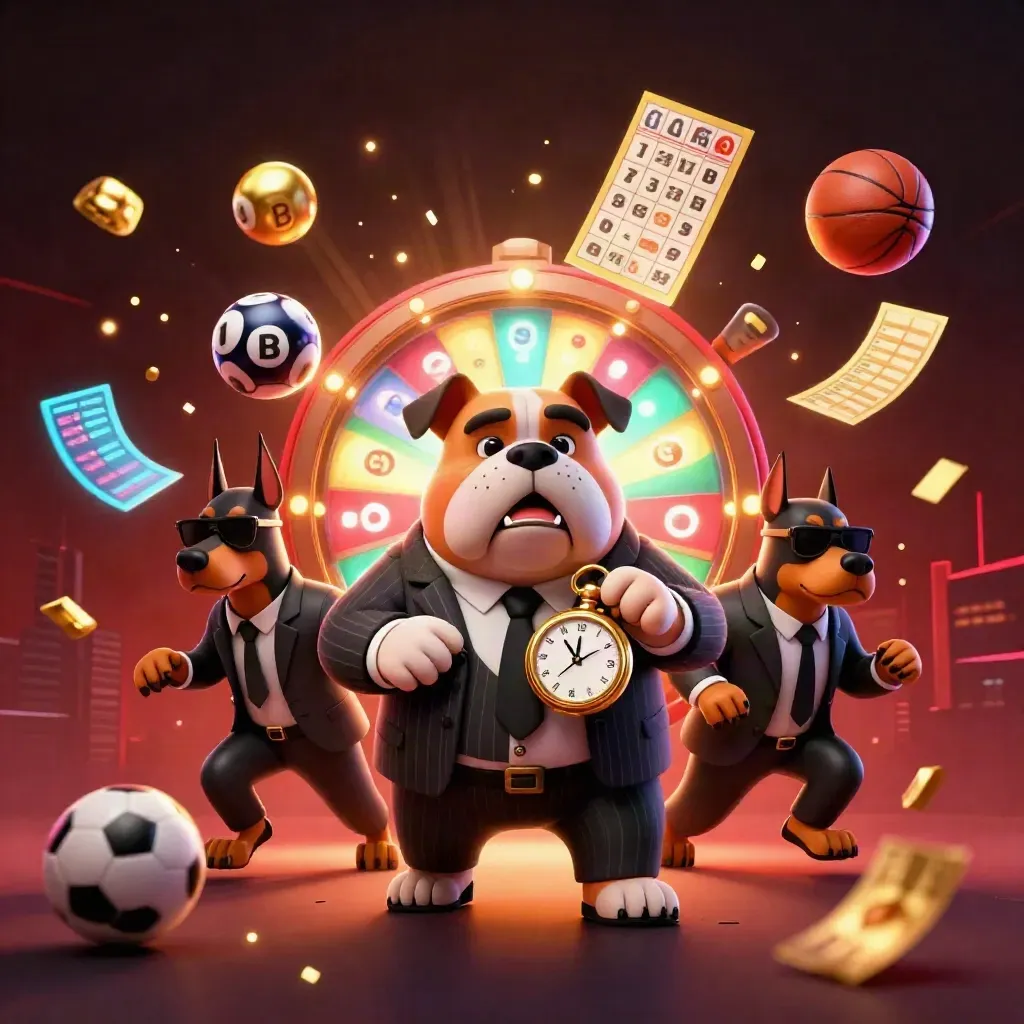 Bulldog boss and Dobermans amid casino balls, prize wheel, and sports gear in neon haze