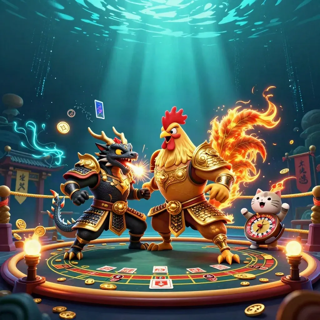 Rooster warrior, dragon hatchling and fortune-cat amid casino relics in teal-gold hero art