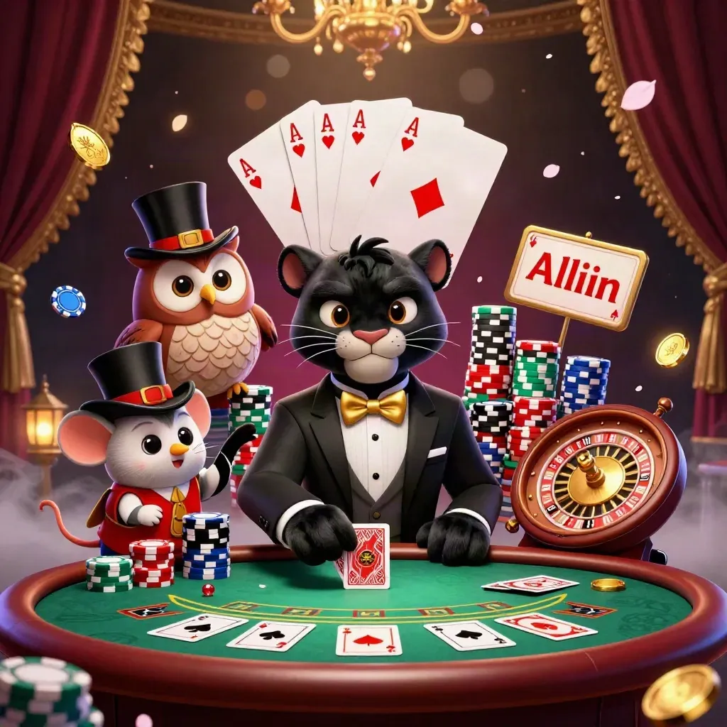 Panther dealer, owl, and mouse at a luxe casino table with chips, cards, and glowing lights.