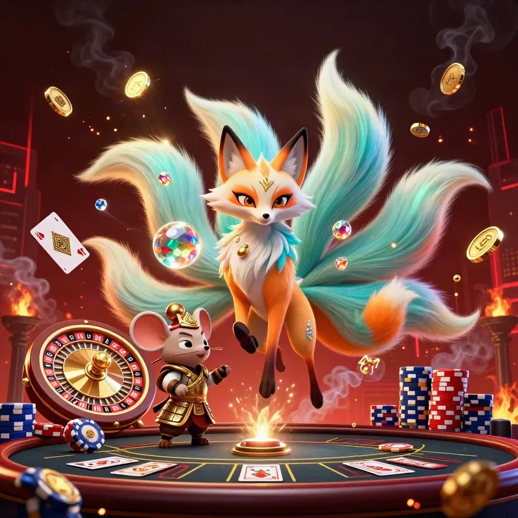 Neon fox spirit and armored mouse amid casino gold, cards, chips, and a spinning roulette wheel.