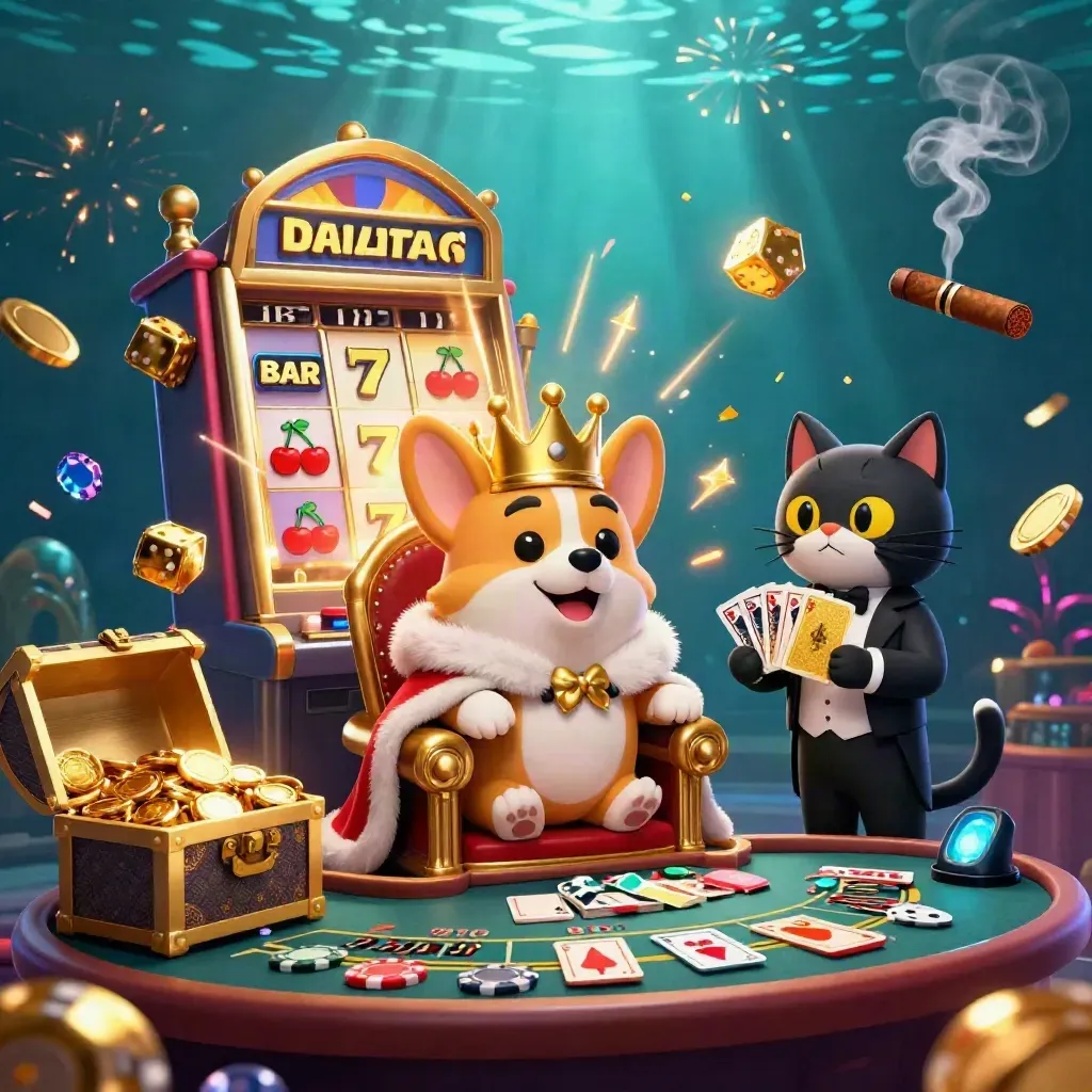 Royal corgi and cat butler in a luxe casino scene with slots, cards, gold, and neon effects.