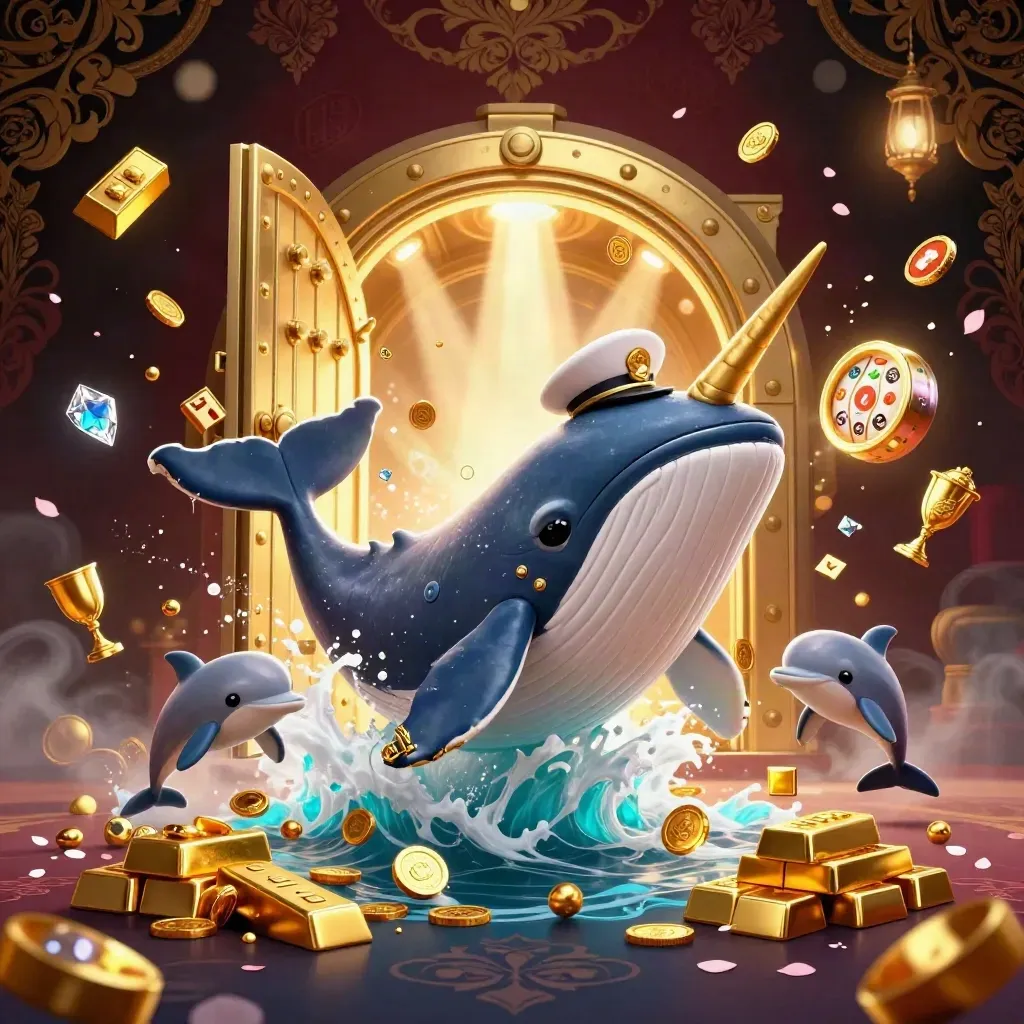 Whale captain, narwhal, and dolphins burst through coins and treasure in a luxe casino scene.