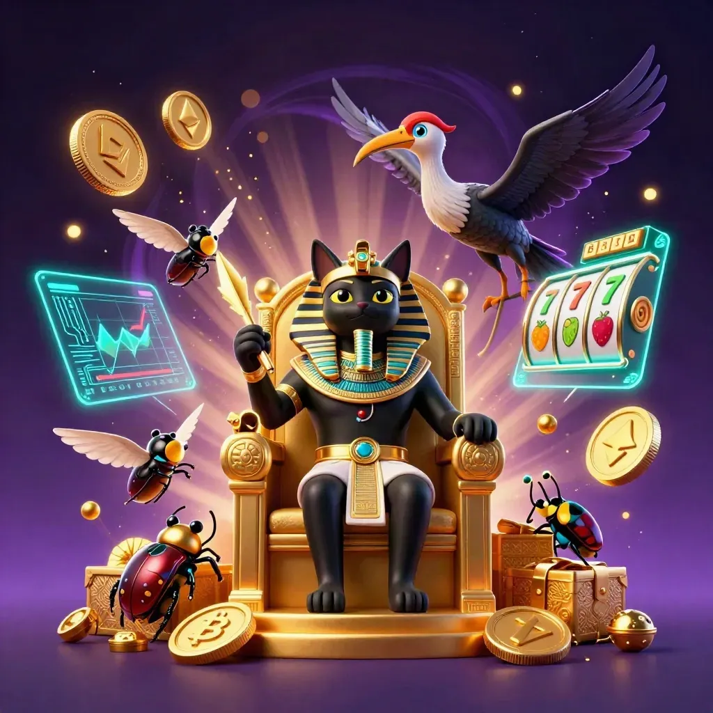 Pharaoh cat, ibis scribe, and gem-winged scarabs amid neon coins and casino magic.