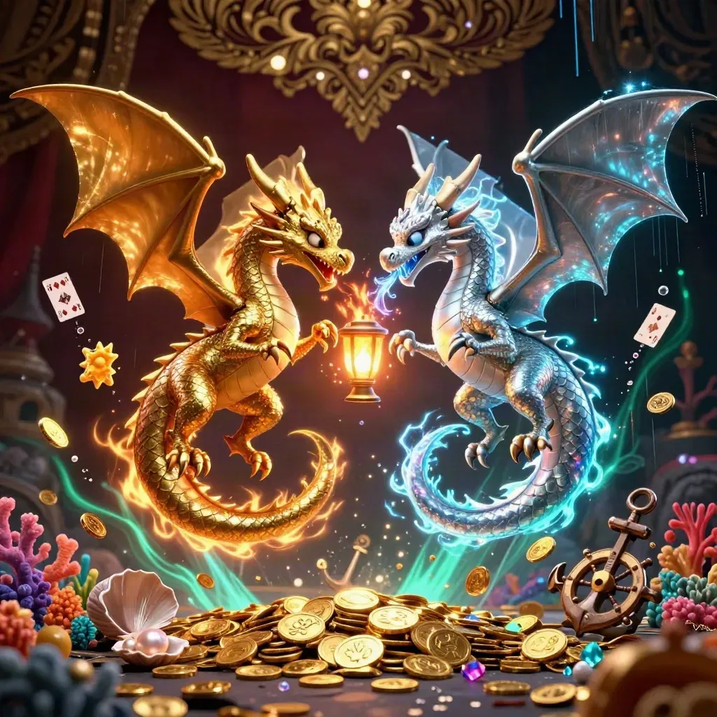 Twin gold and silver dragons spiral with treasure, coral, and a lantern spirit in neon teal light.