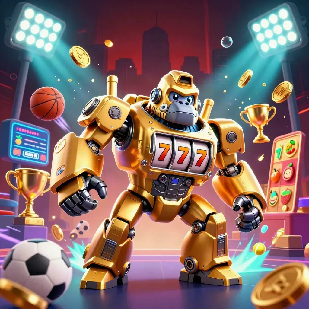 Golden gorilla mech with tiny monkey pilot, coins, balls, trophy, teal glow, dark casino backdrop