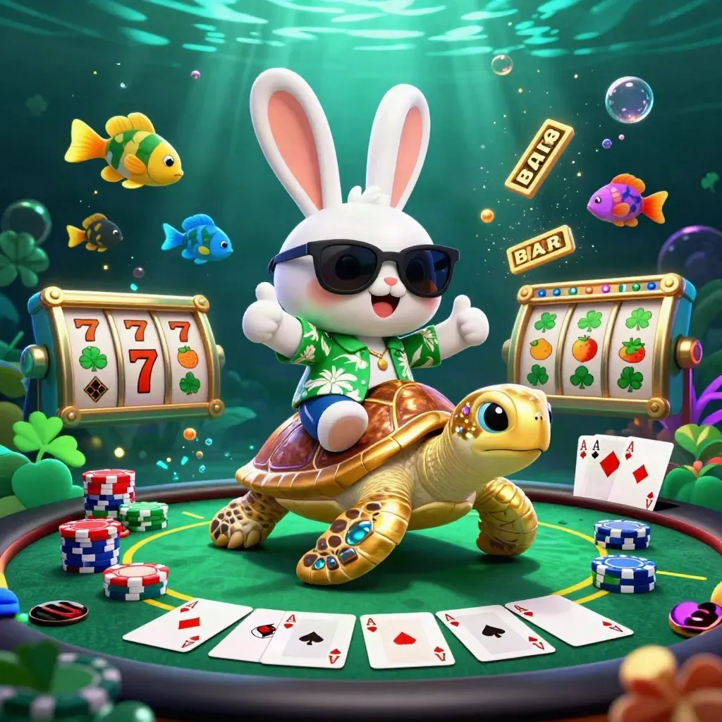 Lucky rabbit rides a golden sea turtle amid casino chips, cards, glowing teal water, and tropical fish.