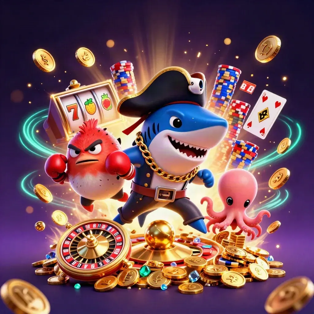 Pirate shark, pufferfish, and octopus burst through casino coins and gems in neon teal glow