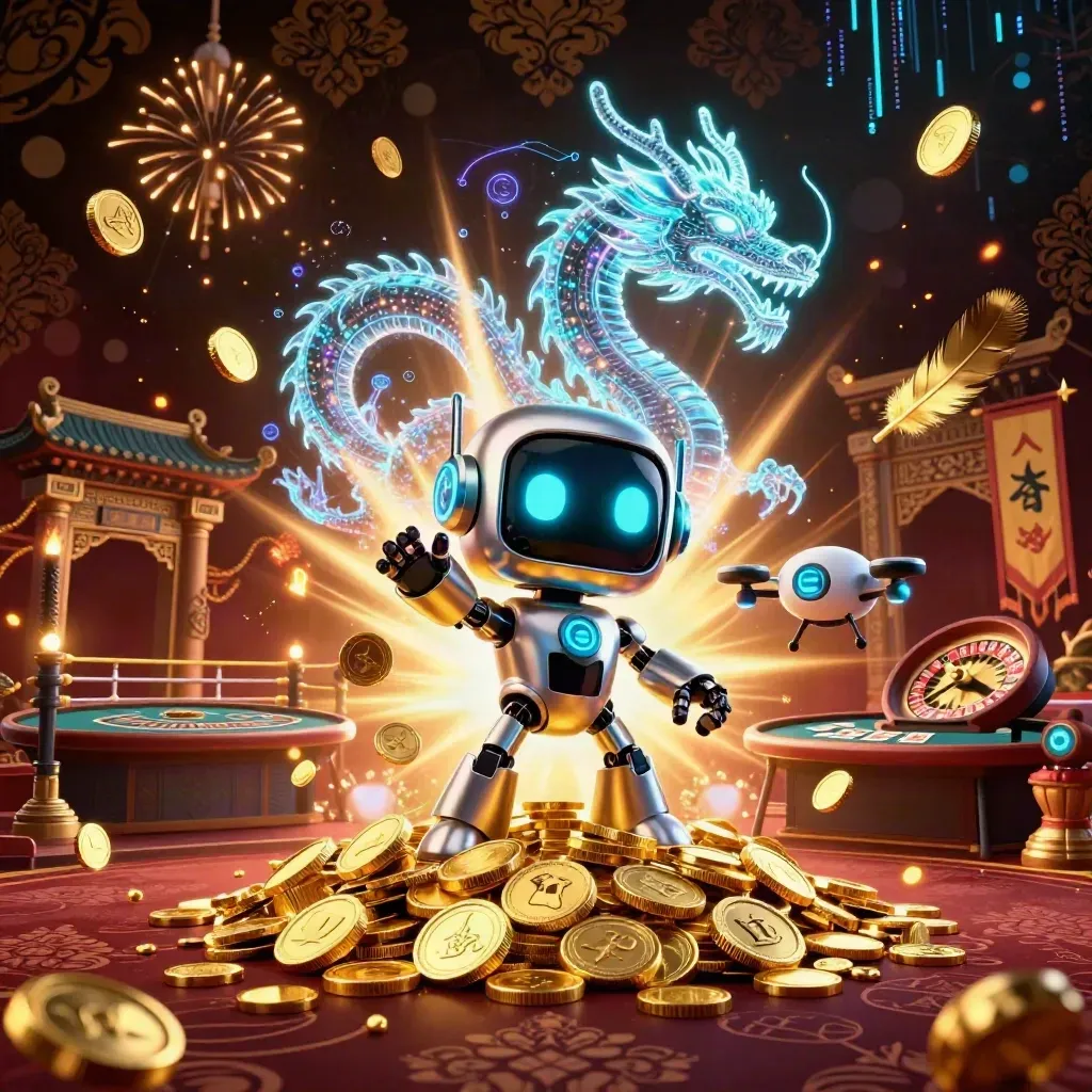 Cyberpunk robot, holographic dragon and coin drone amid casino relics, roulette, cards and fireworks.