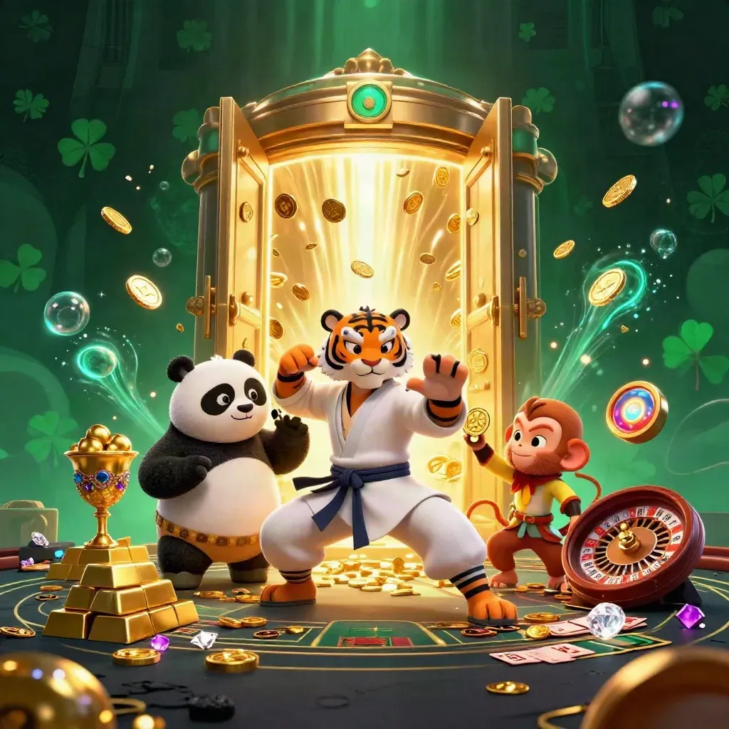 Tiger, panda, and monkey amid a bursting vault, gold coins, cards, and neon casino light.