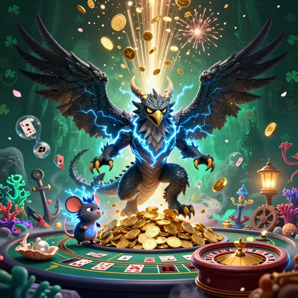 Thunder dragon, wind hawk, and static mouse amid bursting gold coins and casino treasure