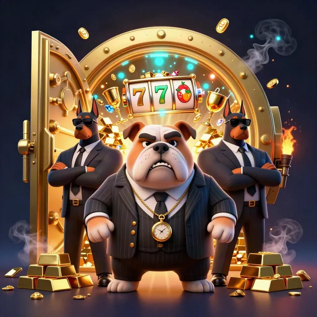 Bulldog mob boss with two Dobermans amid a bursting gold vault, slots, gems, and teal-dark casino light