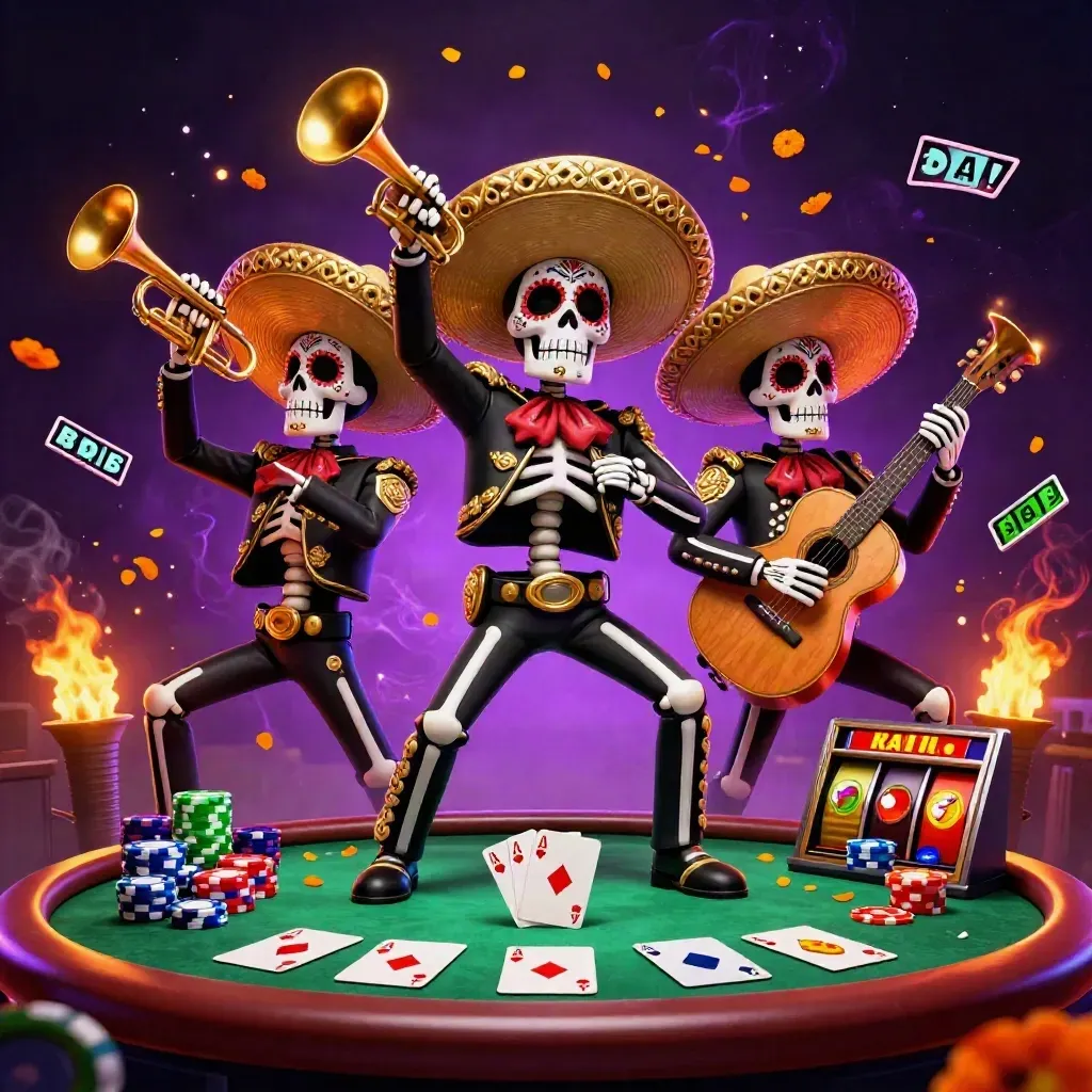 Three skeleton mariachi performers amid poker chips, cards, reels, embers, and neon casino glow.