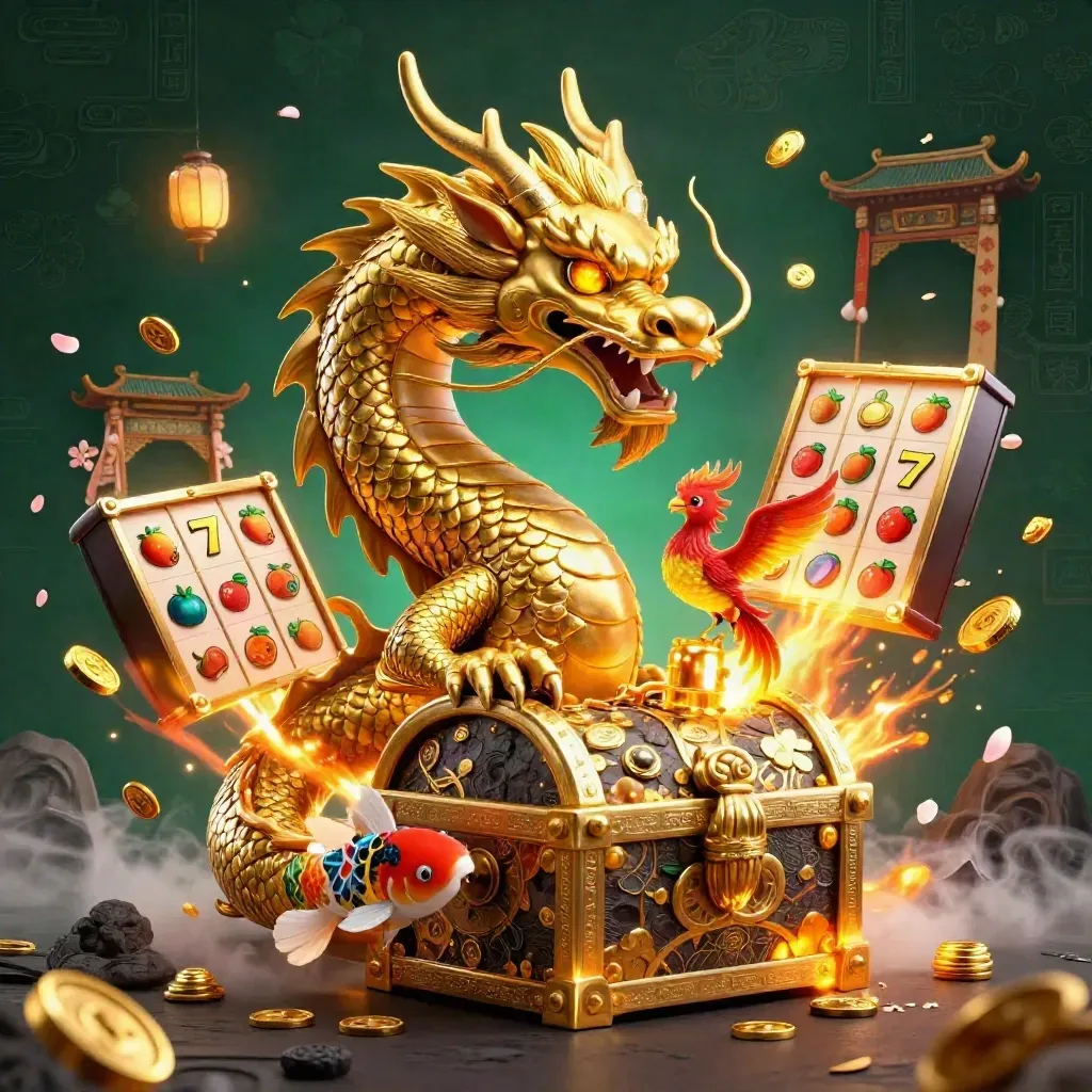 Golden dragon with phoenix and koi amid casino relics in dark emerald glow.