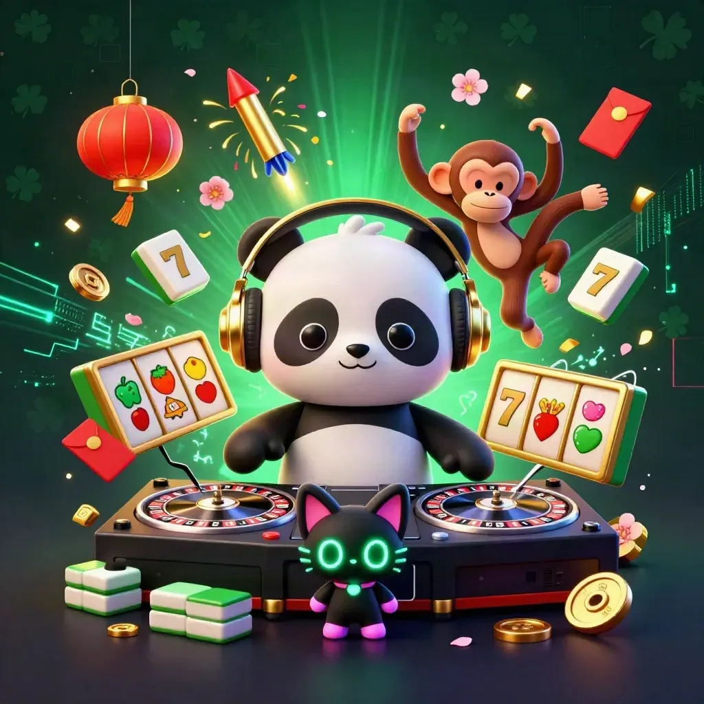 DJ panda, breakdancing monkey, and glow-stick kitten amid casino and lucky game effects