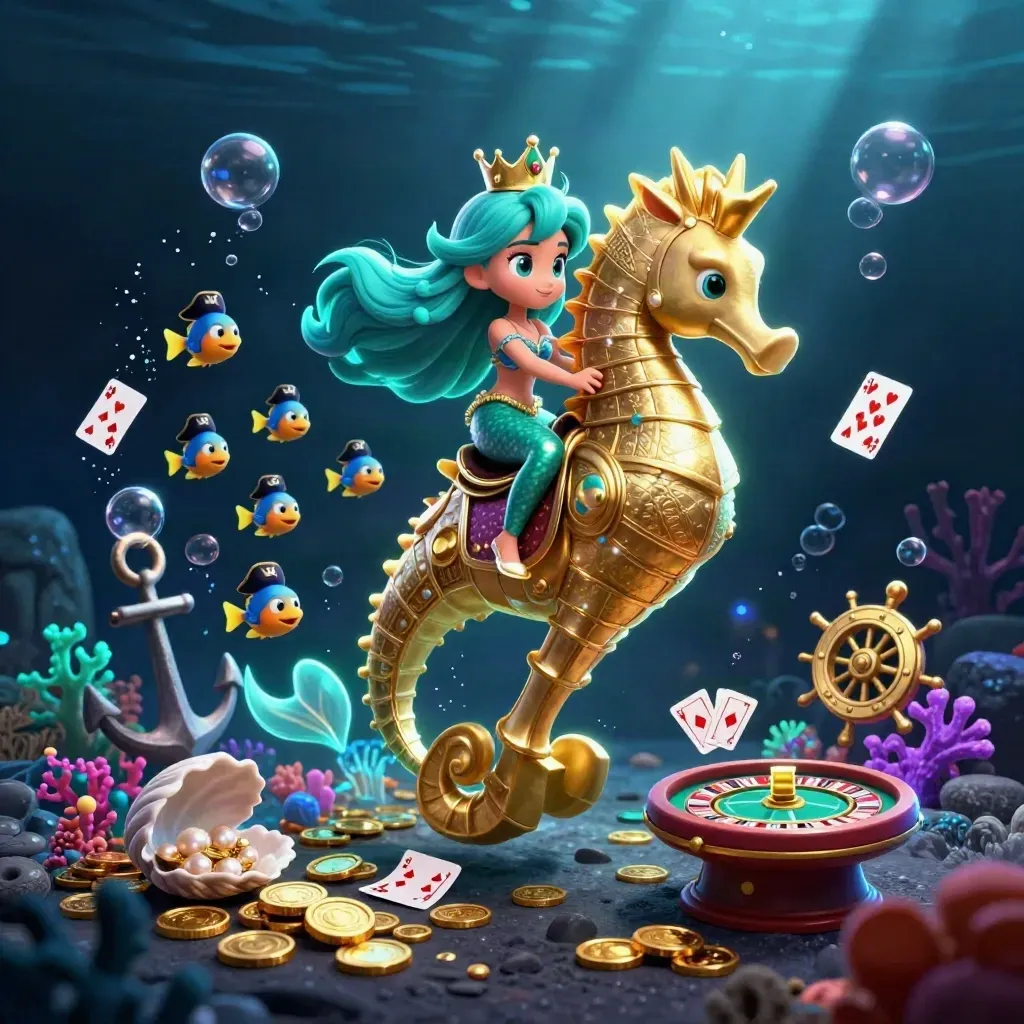 Mermaid princess on armored seahorse with pirate fish, coins, cards, and casino relics underwater.