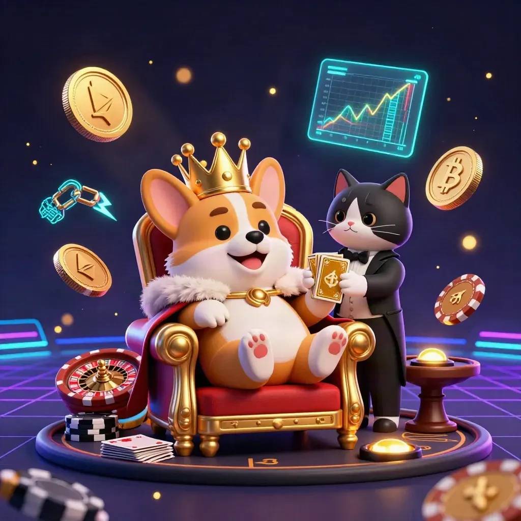 Crowned corgi and cat butler amid casino coins, roulette wheel, chips, and neon gold-teal sparks.