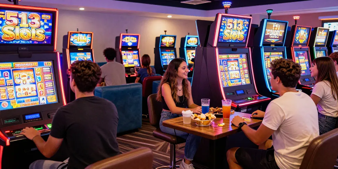 Friends enjoying 513 Slots in a lively gaming lounge with colorful lighting.