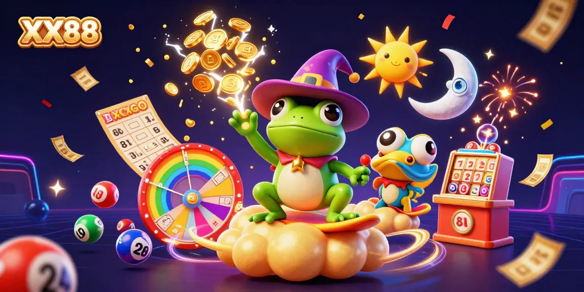 Engage with XX88's thrilling gaming experience featuring a wizard frog, chameleon, and vibrant casino elements.