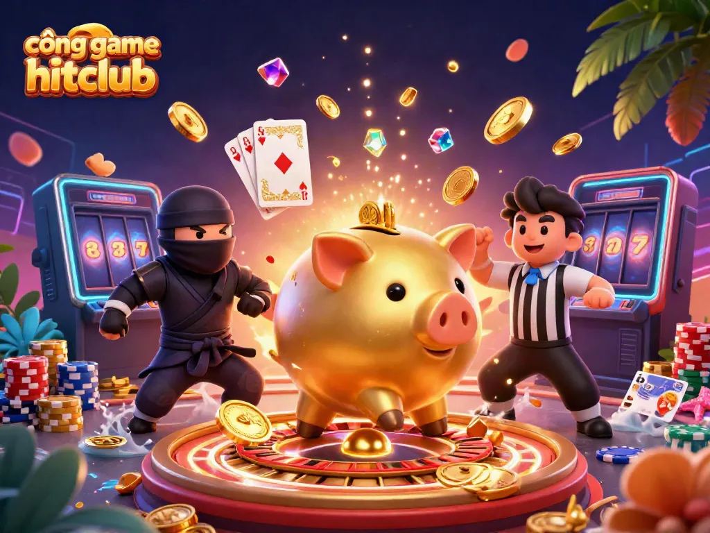 Experience thrilling gameplay at cổng game hitclub with a dynamic 3D illustration featuring gaming characters and exciting elements.