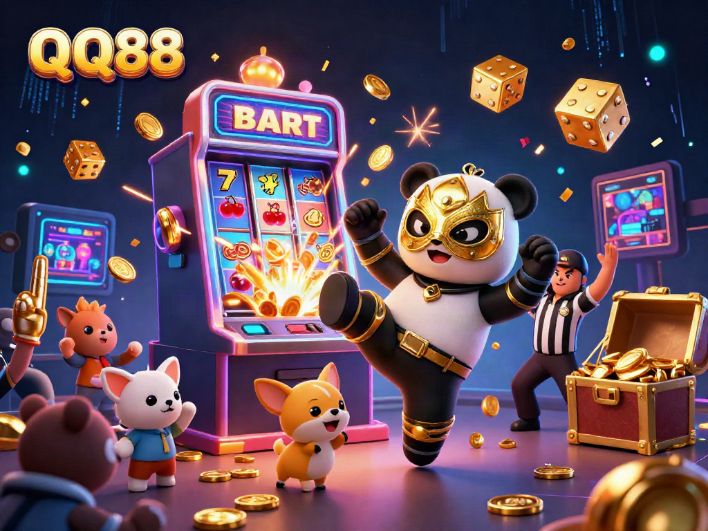 Engage with QQ88's vibrant casino excitement through a dynamic 3D illustration of a wrestling panda and chihuahua amid jackpots.
