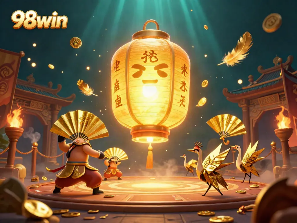 Ignite your luck with 98win's golden casino scene featuring a mystical lantern spirit.