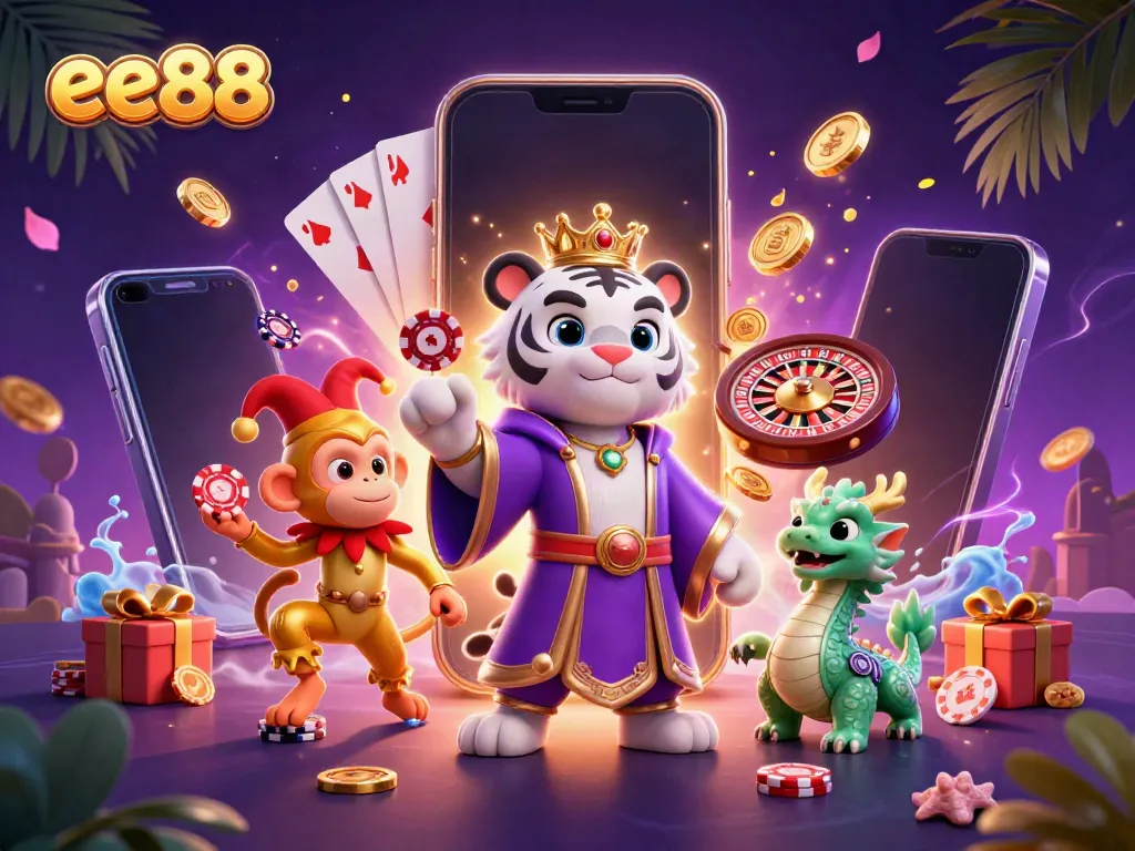 Experience thrilling gaming adventures with ee88, featuring vibrant characters, slot games, and dynamic casino elements.
