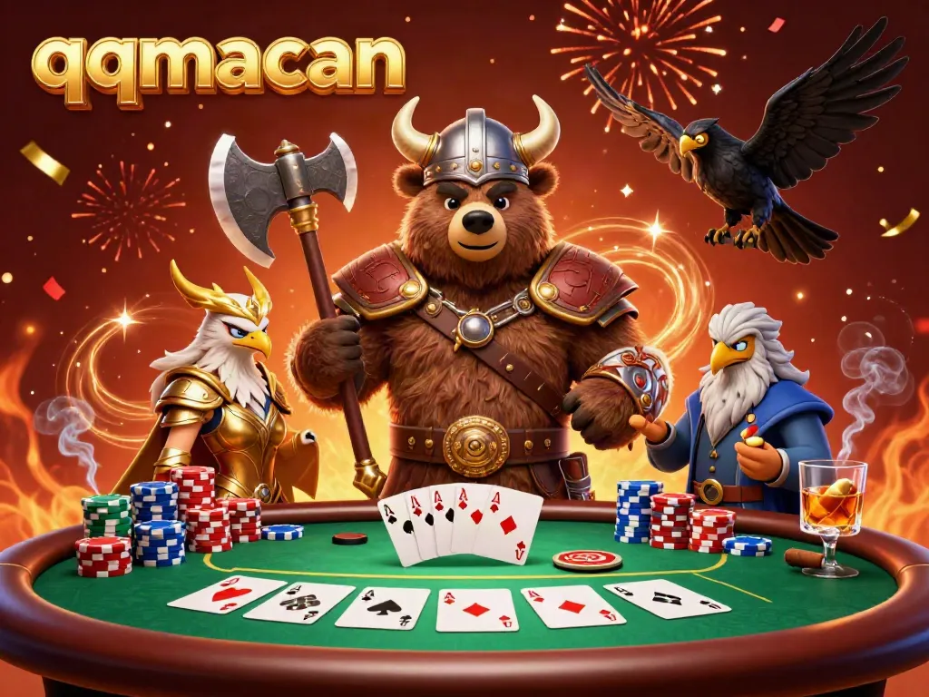 Engage thrillingly with qqmacan's action-packed casino scene featuring a Viking bear, Valkyrie eagle, and poker excitement.