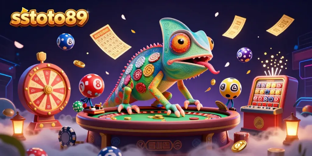 Sstoto89 menampilkan ilustrasi 3D chameleon kasino yang cerah dengan elemen permainan yang dinamis.