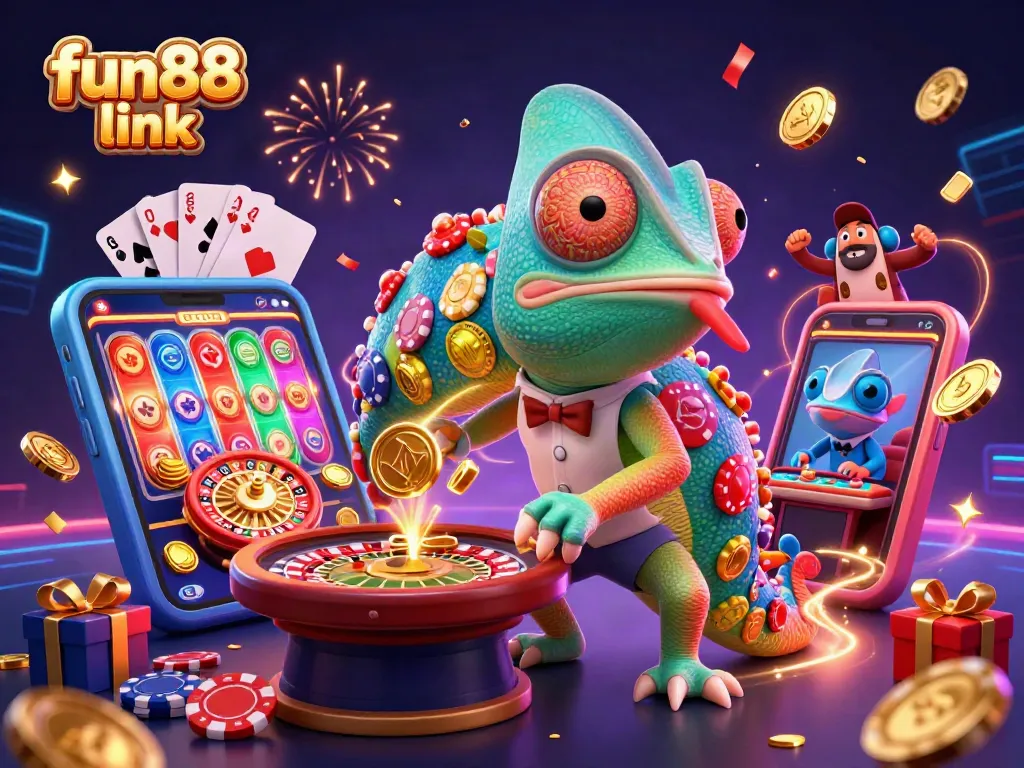 Experience the excitement with the fun88 link as the chameleon casino owner collects golden coins in the vibrant scene.