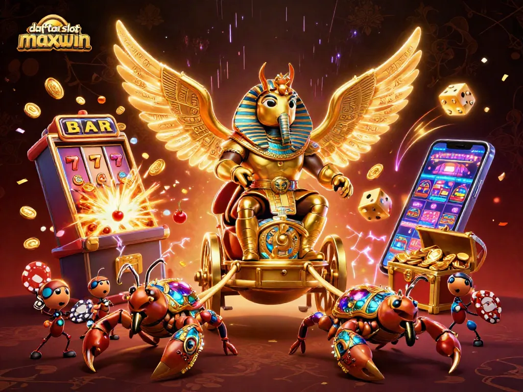 Menggali peluang kemenangan di daftar slot maxwin dengan ilustrasi slot yang menampilkan mesin slot mewah dan karakter 3D menarik.