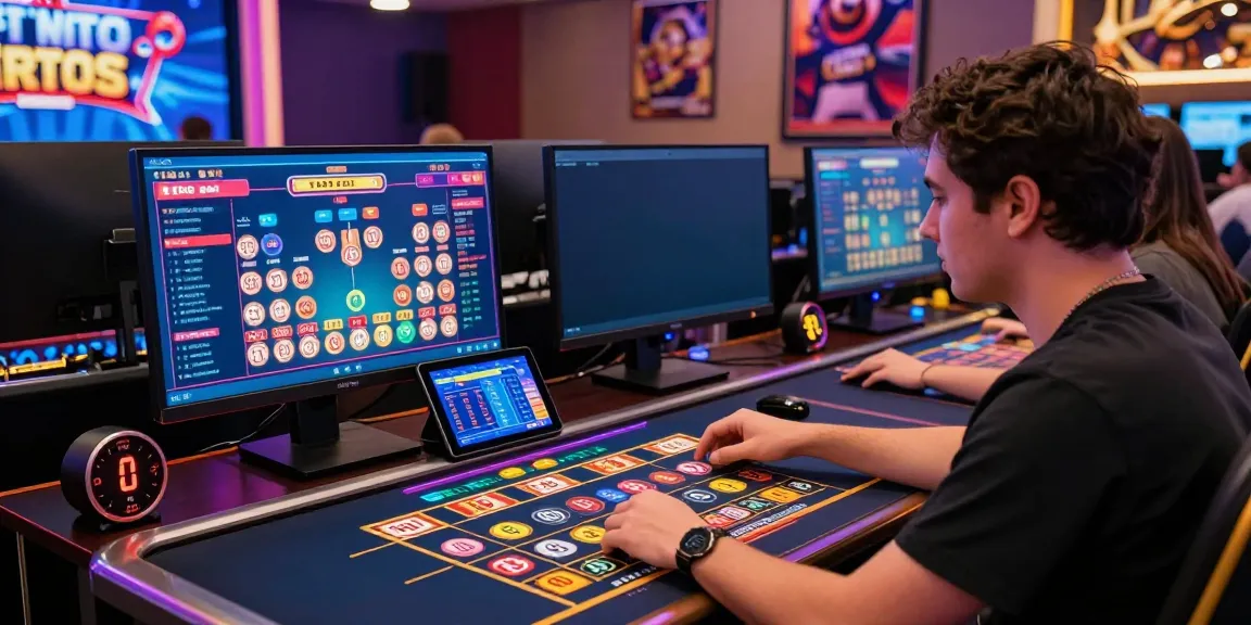 Exciting scene of a player enjoying toto togel on a high-tech gaming interface in a vibrant online casino atmosphere.